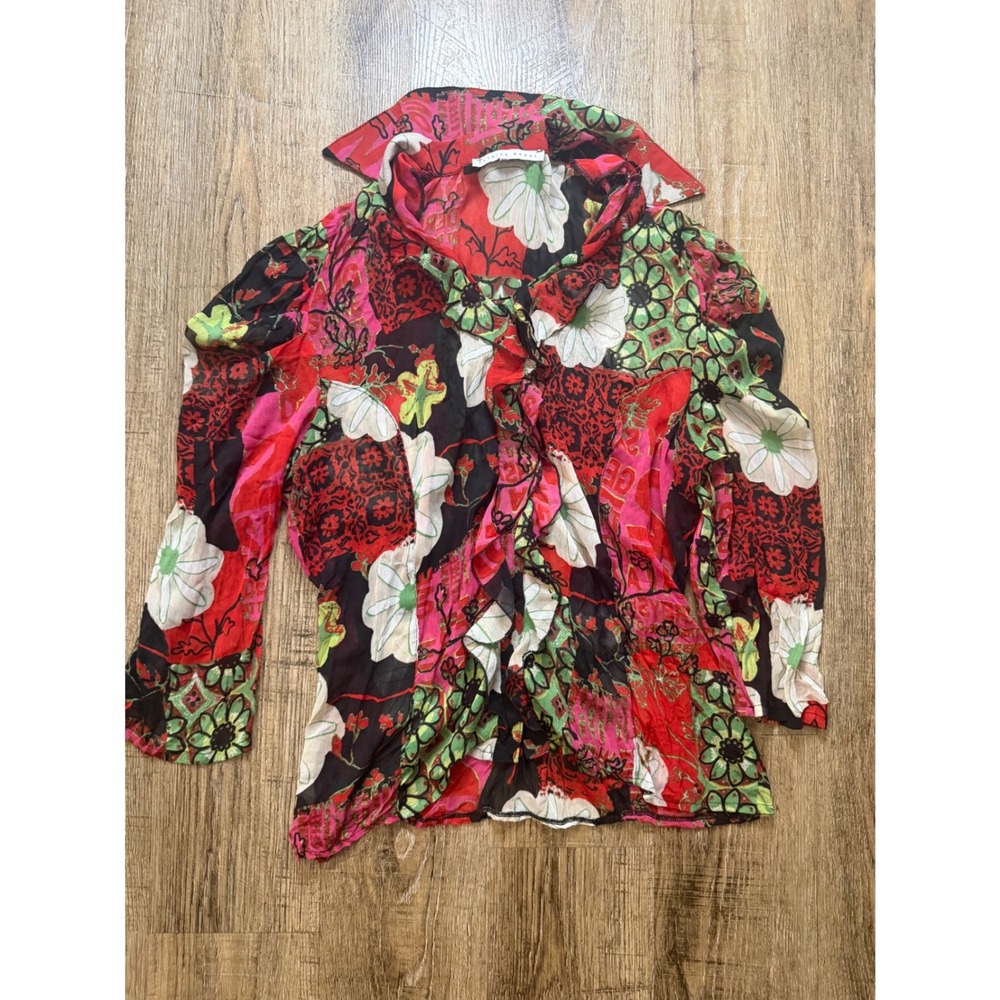 Patrice Breal Floral Sheer Ruffle Blouse Red Pink Green Boho Patchwork Top